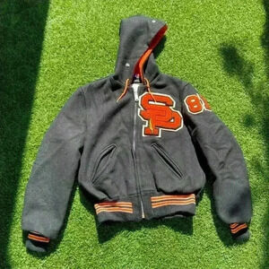 VTG 80’s Hooded Black & Orange Letterman Jacket